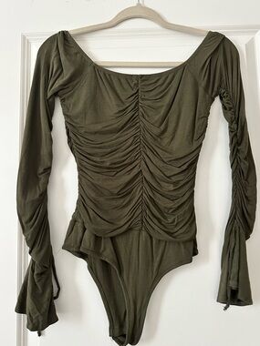 Olive Green Long Sleeve Ruched Bodysuit